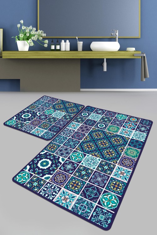 Набор ковриков в ванную комнату Chilai Home Carres Bleus Banyo Halisi Djt (60x100 + 50x60)