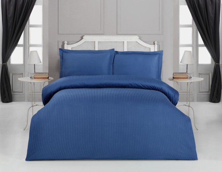 Однотонное темно-синее постельное белье сатин-страйп Arya Sole евро макси